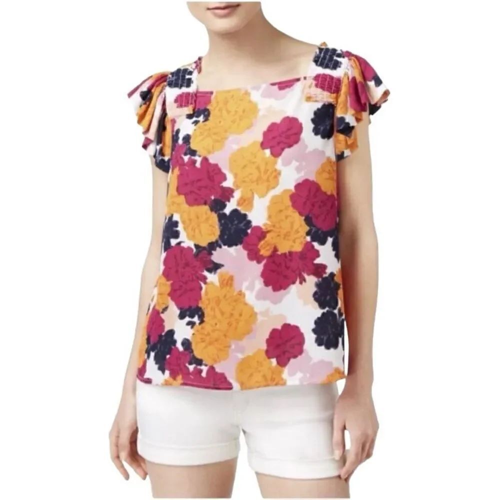 NWT Womens Maison Jules Floral Print Flutter Sleeve Top Blouse - Sz XXS